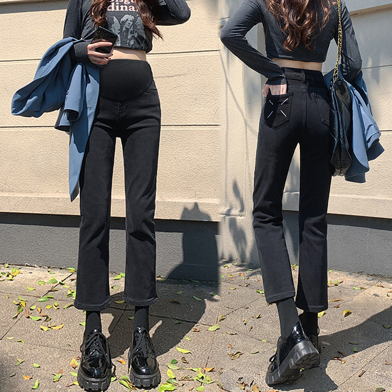 Pregnant women's jeans small cropped spring and autumn outer wear bottoming black straight pants pregnant women's cropped pipe pants