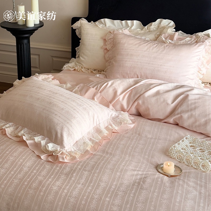 French Girly Heart 100S Jacquard Pure Cotton Four-Piece Set Romantic Lace Lace Cotton Quilt Cover Four-Season Bed Sheetss and Bedding