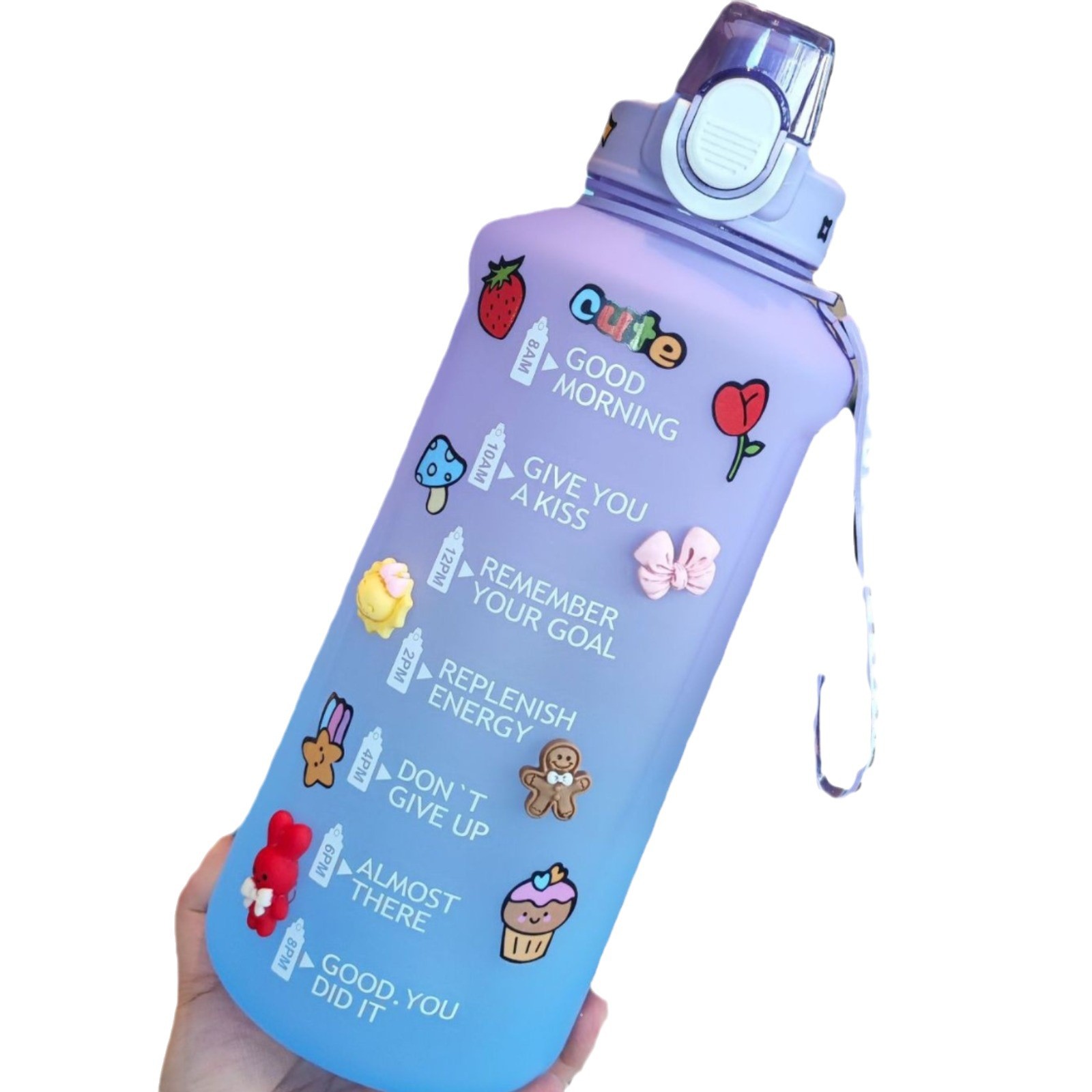 Venta al por mayor de gran capacidad botella de agua de paja de plástico taza red rojo de color degradado de color botella de agua cuerda portátil etiqueta engomada de la taza de agua