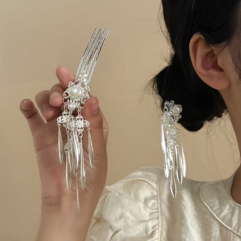 古代スタイルの漢服の頭飾り、銀のタッセルヘアコーム、妖精のステップヘアピン、古代衣装の戦国ローブアクセサリー、ヘアピンヘッドアクセサリー|undefined
