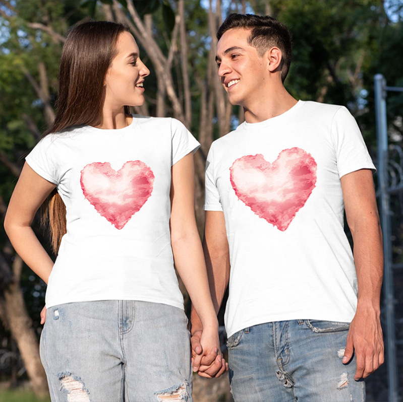 Valentine's Day Large Size T-shirt European and American Couple's Cotton Short Sleeve European and American Pink Halo Foam Love Printed Loose Clothes