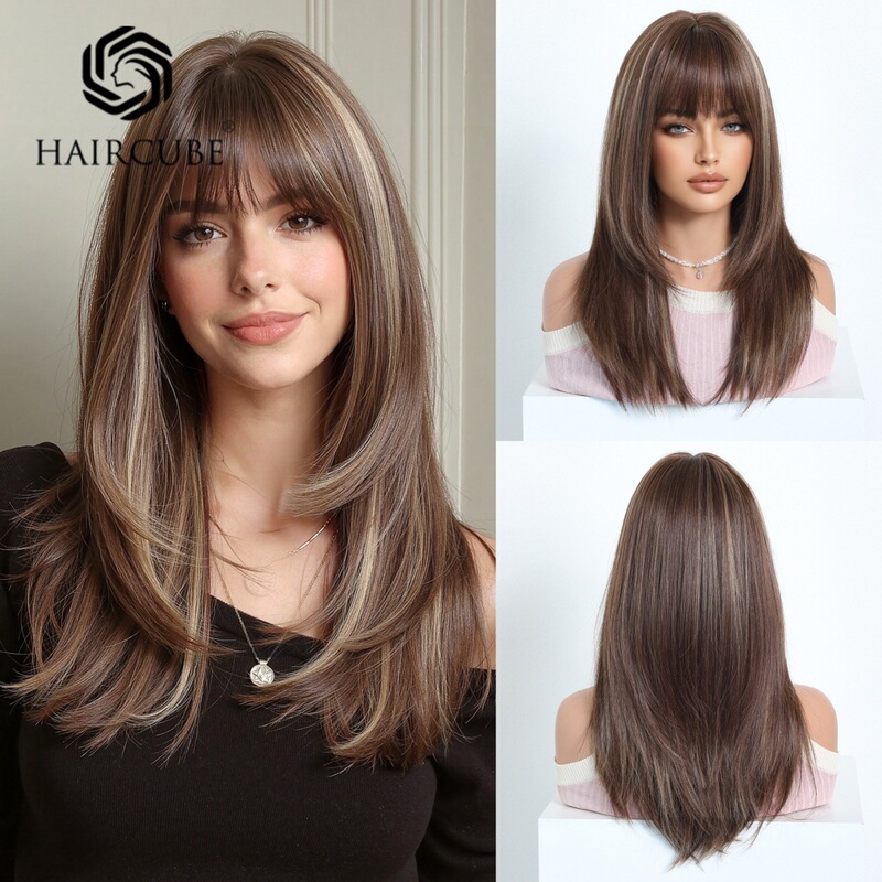 European and American Best-Selling Wigs for Women, High-Temperature Synthetic Fiber Hair, Brown Medium-Length Wig with Bangs, Direct Cross-Border Sales