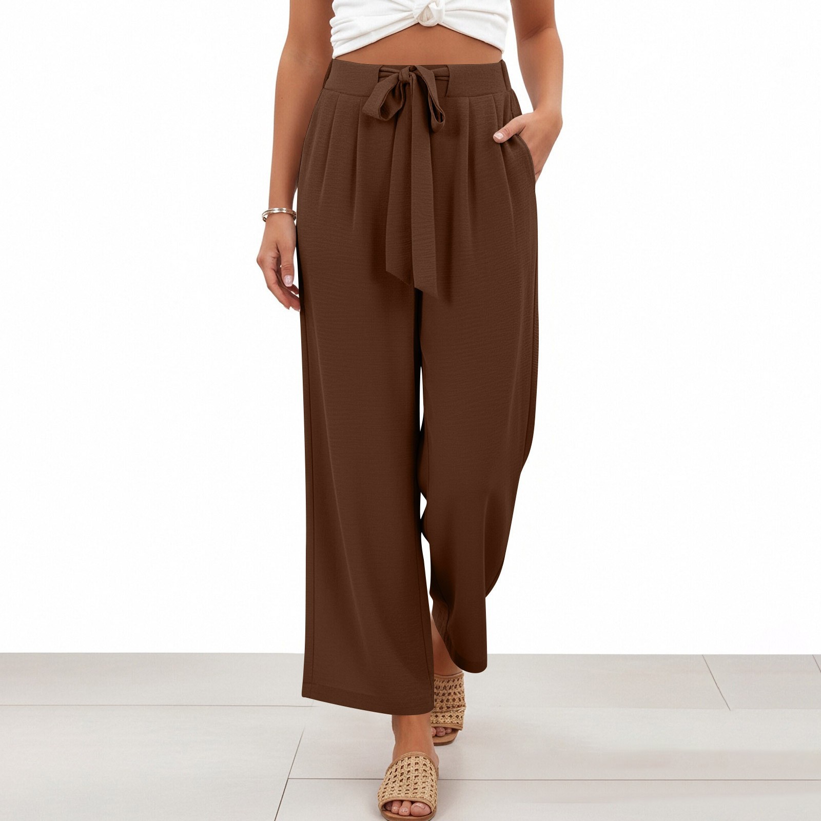 2026 primavera y verano Europa y América transfronterizos Amazon nueve pantalones de color sólido nuevo cinturón de damas pantalones casuales de piernas anchas image 3