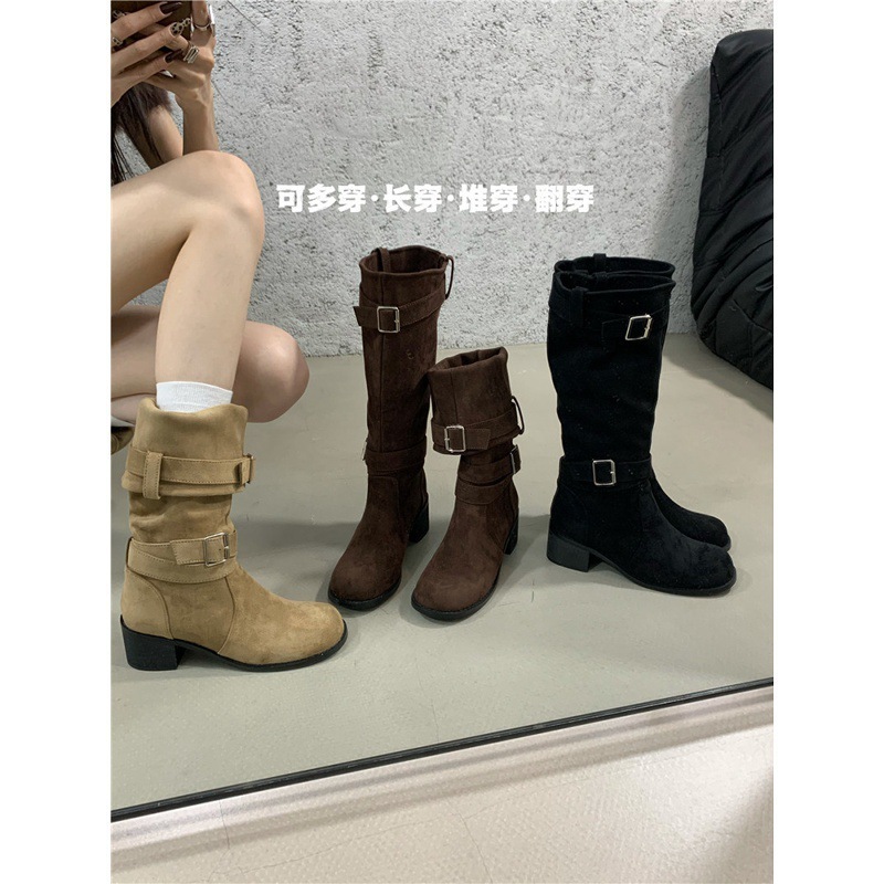 粗跟圆头绒面中筒靴女2025秋冬新款时装靴两穿女靴复古皮带扣短靴|undefined