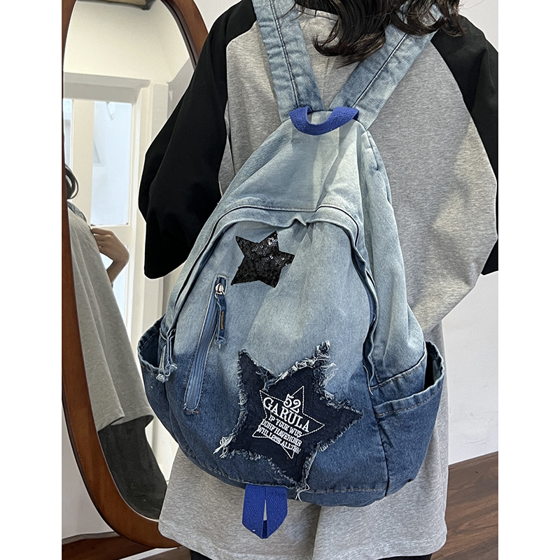 Foreign trade gradient denim backpack, student backpack, college backpack, large capacity, lightweight, large backpack for women