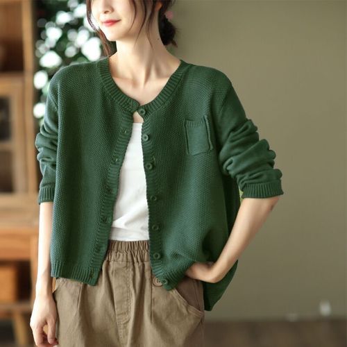 Art Deco Retro Cotton Knit Cardigan Loose Solid Color Pocket Spring and Autumn Women's Fashion Versatile Casual Outerwear Crew Neck
