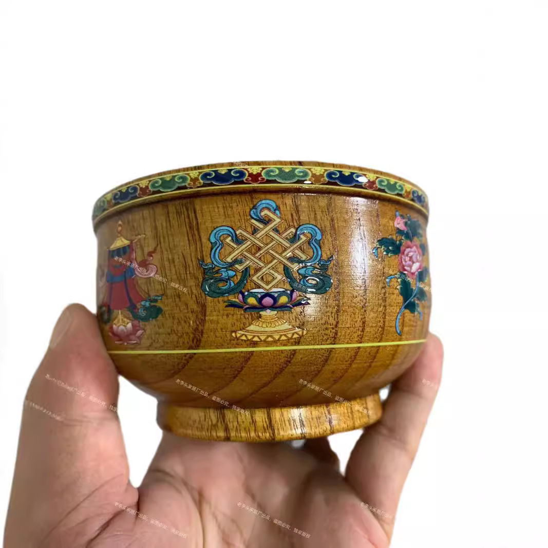 Colorful Printed Wooden Bowl with Eight Treasures Picture, Pegasus Picture, Uv Printing, Mongolian Elements, Xizang Elements Wooden Bowl, Milk Tea and Butter Bowl