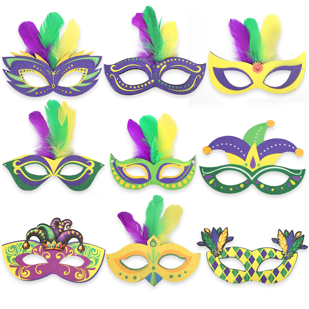 Amazon Carnaval máscara de polvo de oro decoración de fiesta de Nueva Orleans máscara de mitad de cara oro roxo verde plumas máscara de ojos