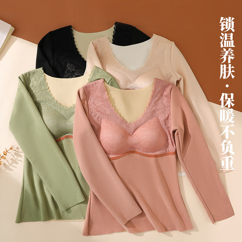 Ropa interior térmica de encaje sin costuras de terciopelo de doble cara superior de fondo engrosada de las mujeres ropa de Otoño de manga larga autocalentable con almohadilla en el pecho