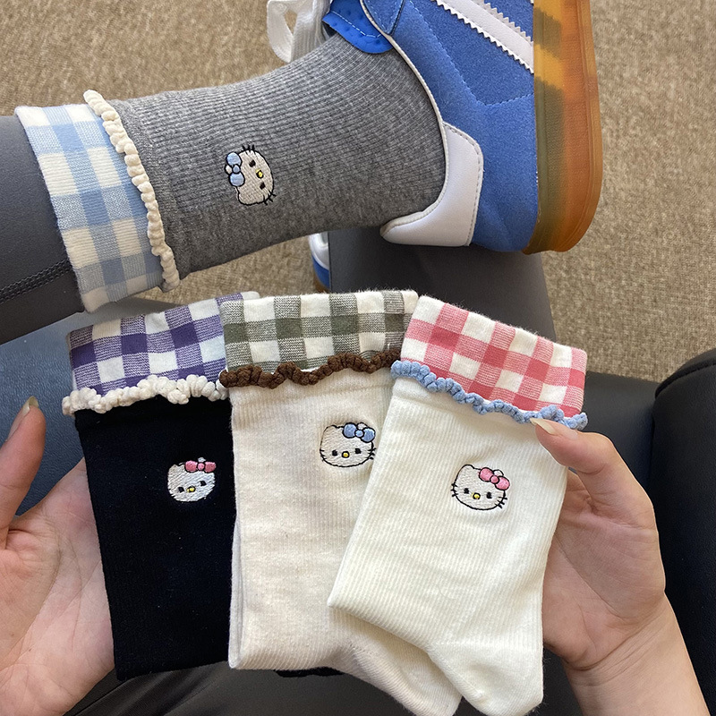 Women's Socks 2025 Autumn New Popular Style Japanese Cute Cartoon Stackable Embroidered Kitten Plaid Lace Mid-Calf Socks