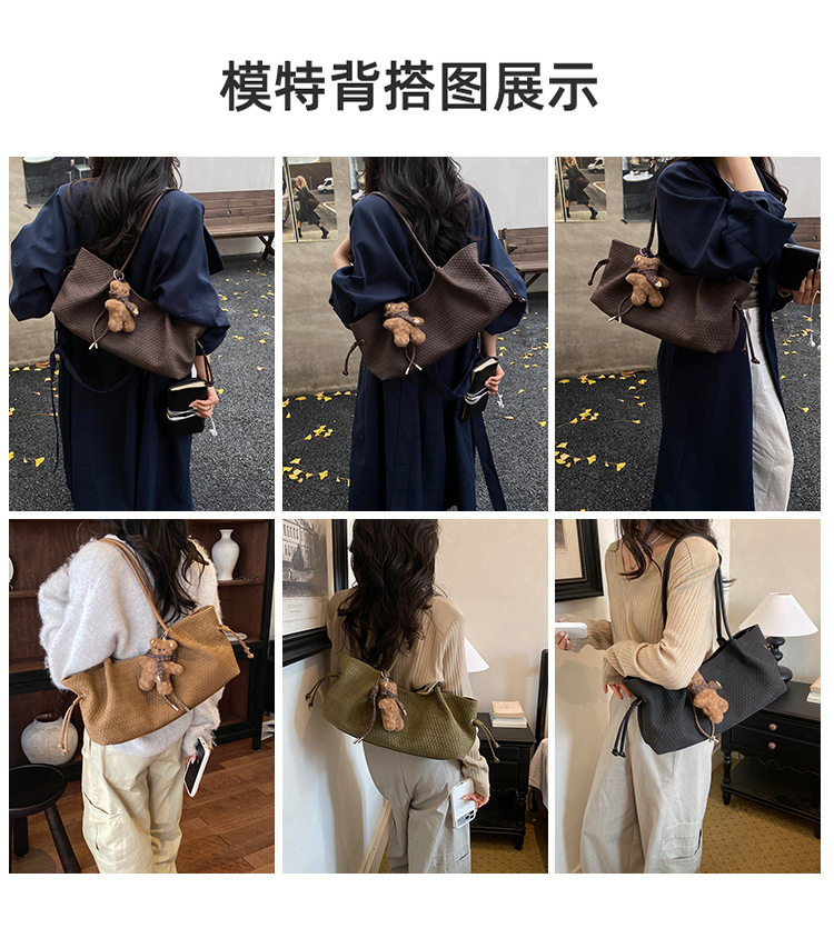 Túi tote nữ cỡ lớn dây rút đơn giản, túi đeo vai kẹp nách đi làm — Màu cà phê Không có mặt dây chuyền, Màu nâu không có mặt dây chuyền, Màu xanh lá cây không có mặt dây chuyền, Đen không có mặt dây chuyền chi tiết 7