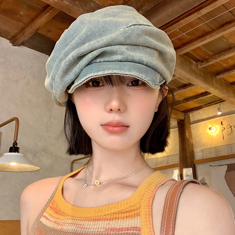 日本のニッチなレトロな綿とリネンのプリーツクラウドベレー帽女性のための春と秋の顔見せキャスケット帽子八角形画家の帽子|undefined