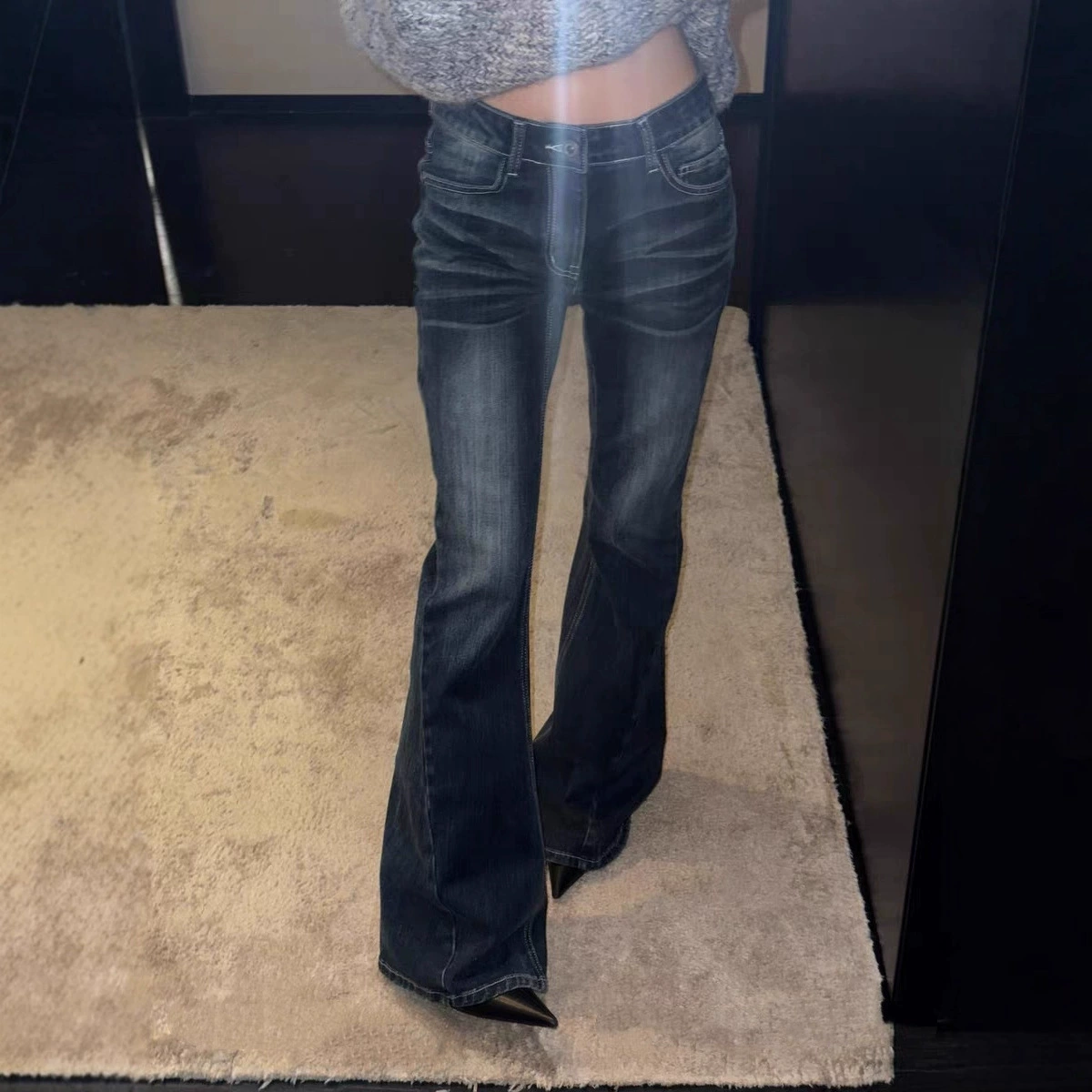 Sunoneone 1 Giselle Same Style Faded Whiskered Flared Jeans for Women Autumn and Winter Slim Fit Casual Pants