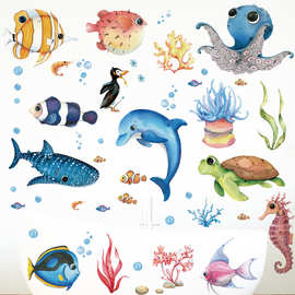 卡通海洋动物墙纸墙贴 儿童房卧室幼儿园美化装饰画自粘ins风贴纸