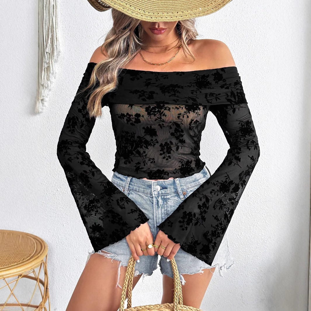 European and American cross-border 2025 women's knitted mesh flock floral print off-shoulder flared sleeve slim T-shirt top for women