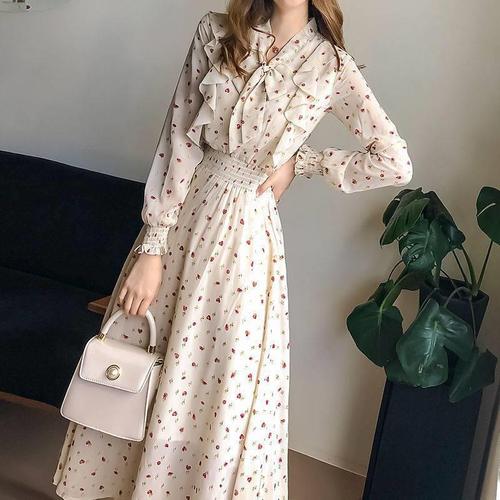 Chiffon floral dress slim fit early spring new women's long-sleeved bottoming skirt French bow slimming long skirt