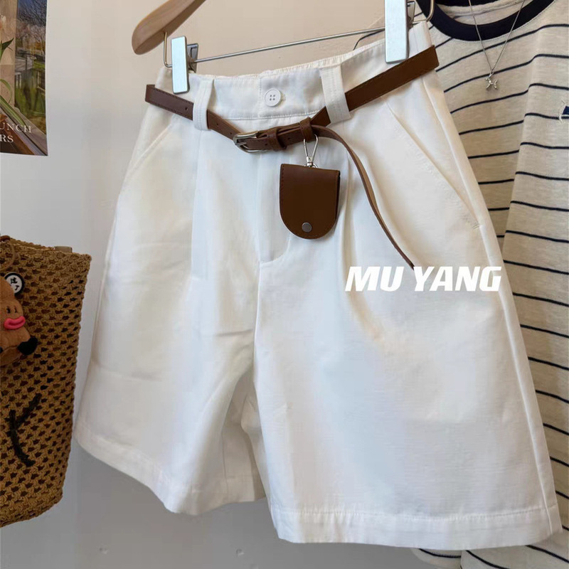 Thin Buckle Small Bag Makes You Look Slimmer! Easiest for Match Casual Cargo Shorts Women's Summer New White High-Waisted Pants Trendy