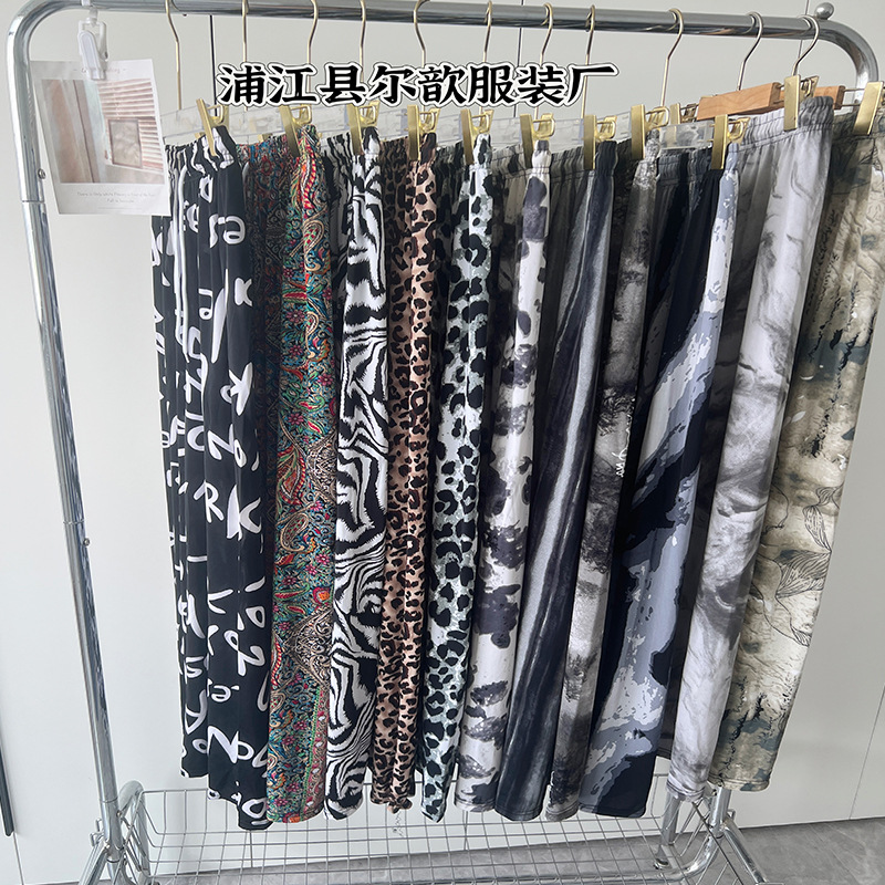 Nueva pintura de tinta china, pantalones anchos de seda de hielo y nieve, pantalones de pierna ancha delgados de verano para niños, cintura alta, pantalones de pierna recta casuales delgados
