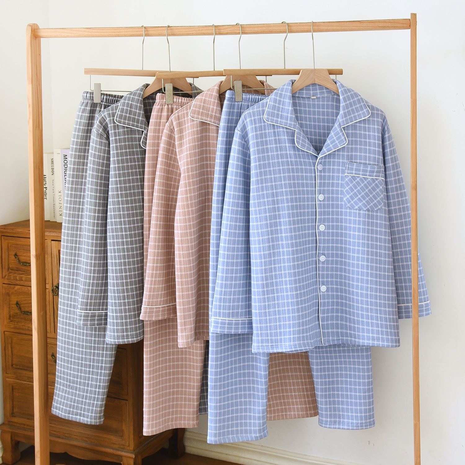 Autumn and Winter Cotton Air Layer Pajamas for Women, Thin Quilted Home Wear for Men, Cardigan Plaid Plus Size Oversized Couple Japanese Style