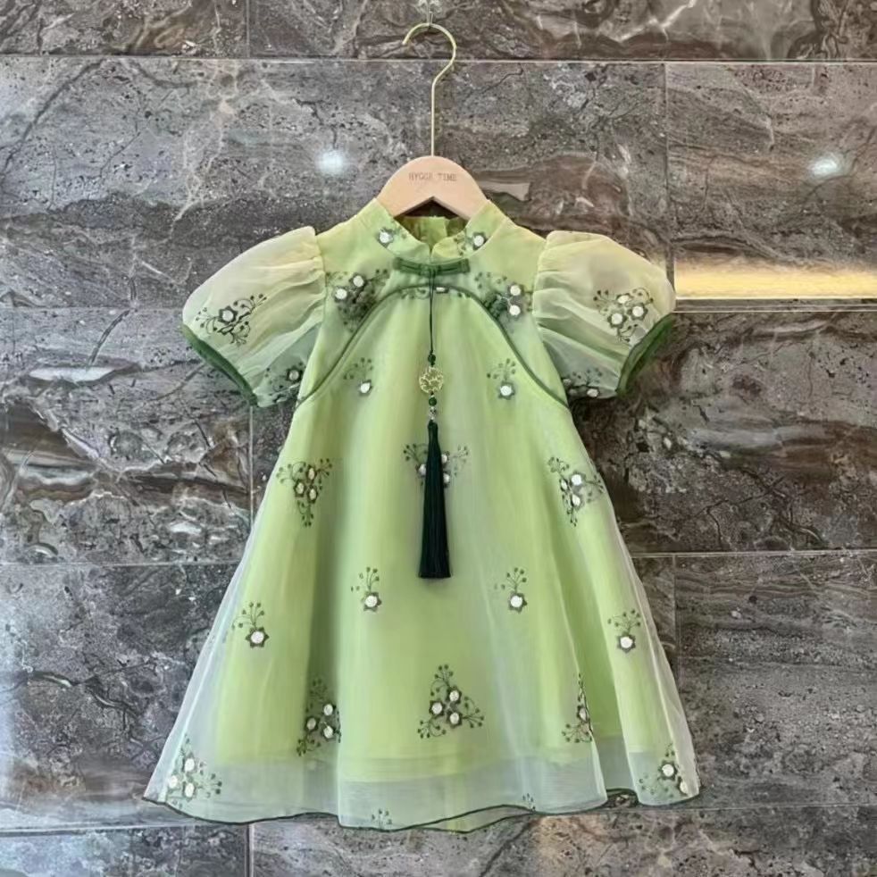 Vestido de verano de niñas bebé estilo extranjero personalidad de moda de niños estilo chino bordado vestido antiguo de malla princesa falda cheongsam