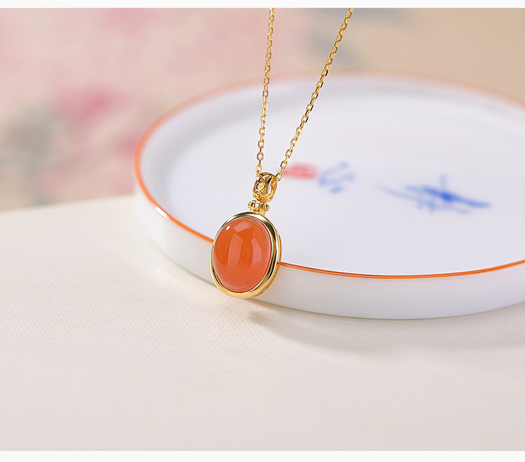 Mặt dây chuyền bạc S925 mạ vàng hình tròn cổ điển đính mã não đỏ tự nhiên và hổ phách — Mẫu màu hổ phách - Mặt dây chuyền đơn (không bao gồm dây) chi tiết 5