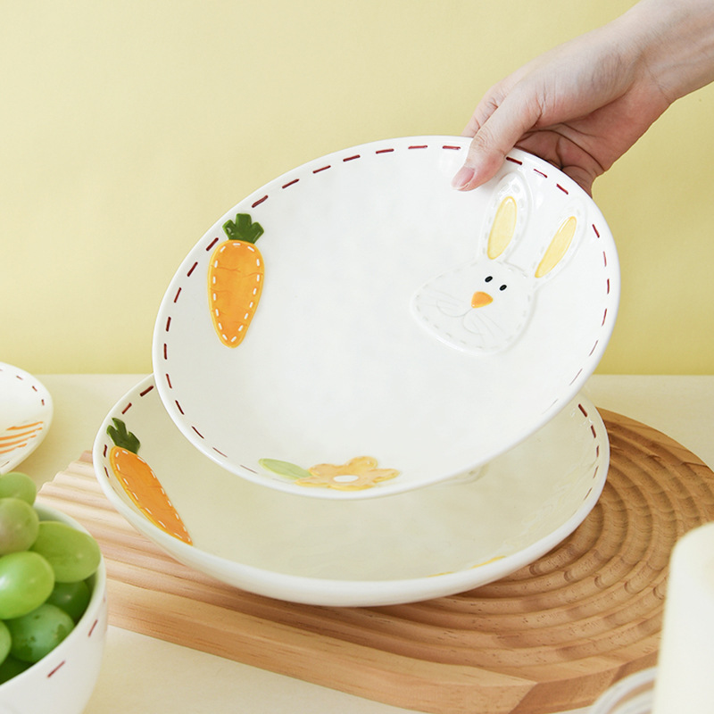 Lindo plato de conejo de dibujos animados, vajilla, plato casero, plato plano de comida occidental en relieve, plato de cerámica ceremonial para niños
