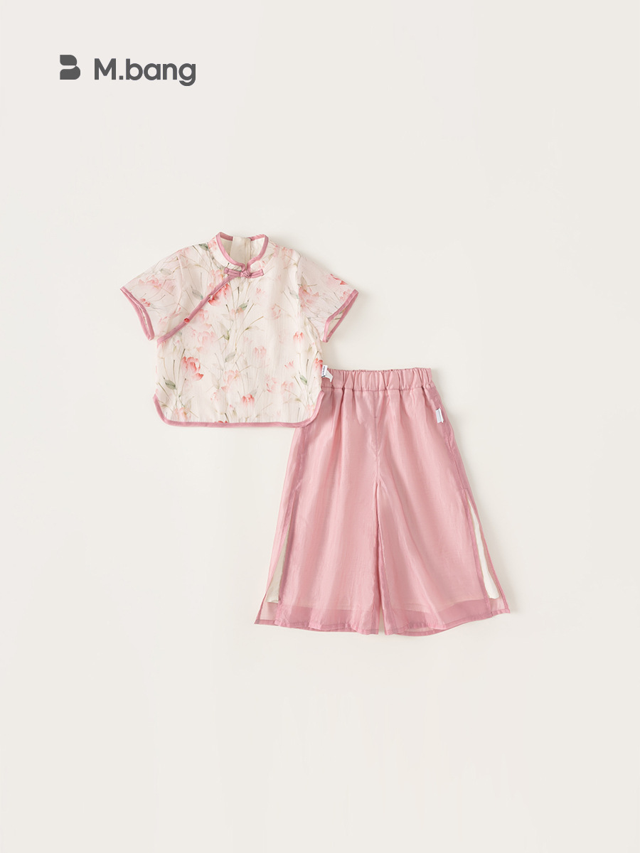 Yubao ropa infantil para niñas estilo nacional de verano para niños de mediano y medio estilo chino nuevo chaqueta de flores delgada pantalones de piernas anchas dos piezas