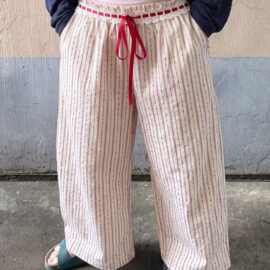韩系少女风粉白条纹睡裤女夏季高腰花边撞色阔腿长裤家居服可外穿