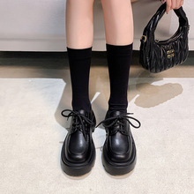 厚底增高乐福鞋女2025冬季加绒新款粗跟英伦风系带学生百搭小皮鞋