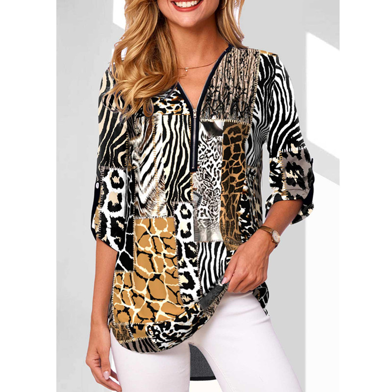bestseller: European American Style V-neck Zippered Plus-size Women's Long-sleeve Shirt With Rollable_ecoleips.com
