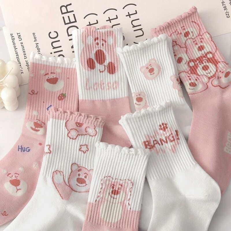 Autumn and Winter Pink Lace Strawberry Bear Socks Women's Mid-tube Spring and Summer Ins Trendy All-match Cute Student Sports Long