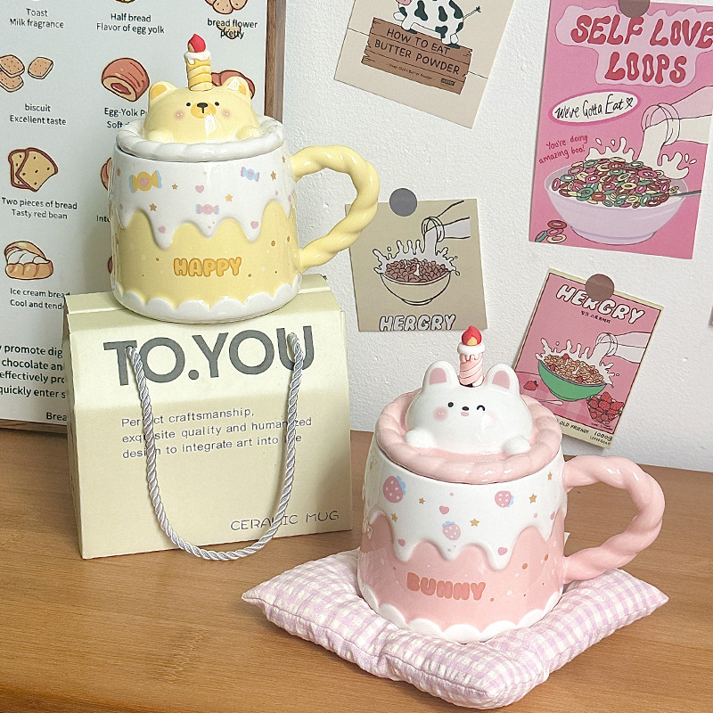 Tazas de cerámica con tapa de dibujos animados tazas de regalo de cumpleaños tazas de café de oficina para niños tazas de agua caseras caja de regalo creativa