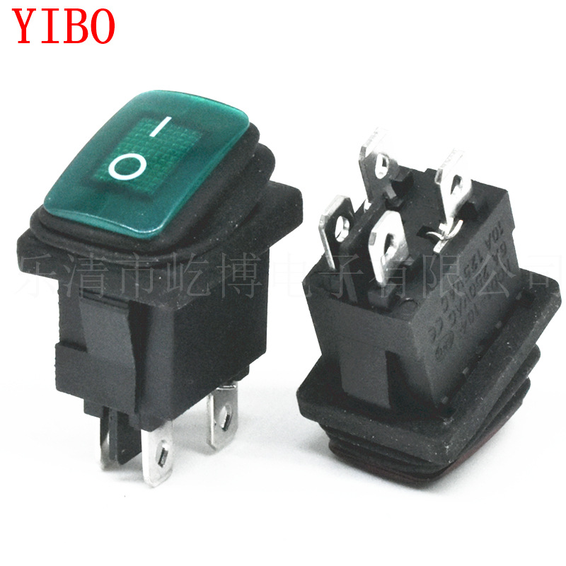 KCD1-104 四脚两档 绿色带灯防水 电源开关 防水设备开关 4脚2档