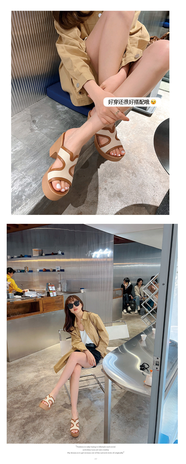 Dép sandal nữ quai chữ V da bò cao cấp đế xuồng dày, gót thô hở mũi, mùa hè — màu kaki chi tiết 11