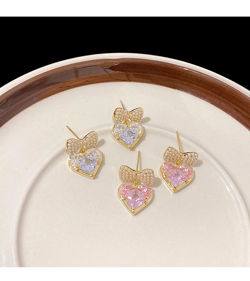 Sweet Heart Shape Bow Knot Copper Plating Inlay Artificial Pearls Zircon Drop Earrings 1 Pair
