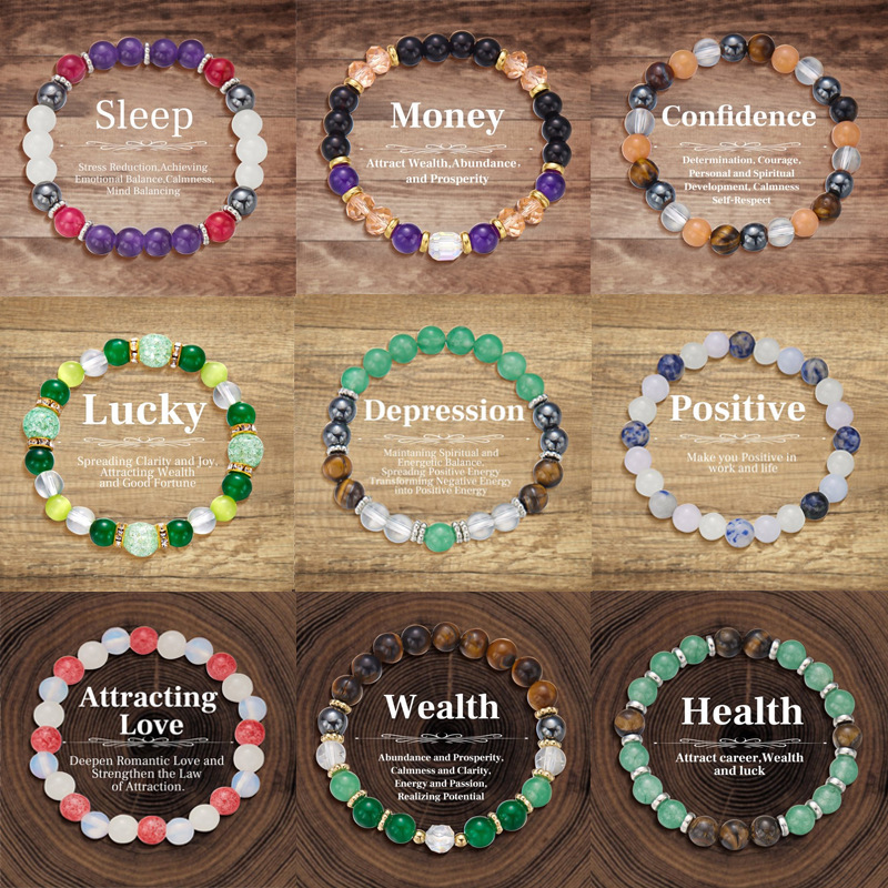 Cross-Border European and American Jewelry Natural Stone Geometric Beaded Bracelet 8mm Aventurine Tiger Eye Stone Natural Stone Elastic Bracelet