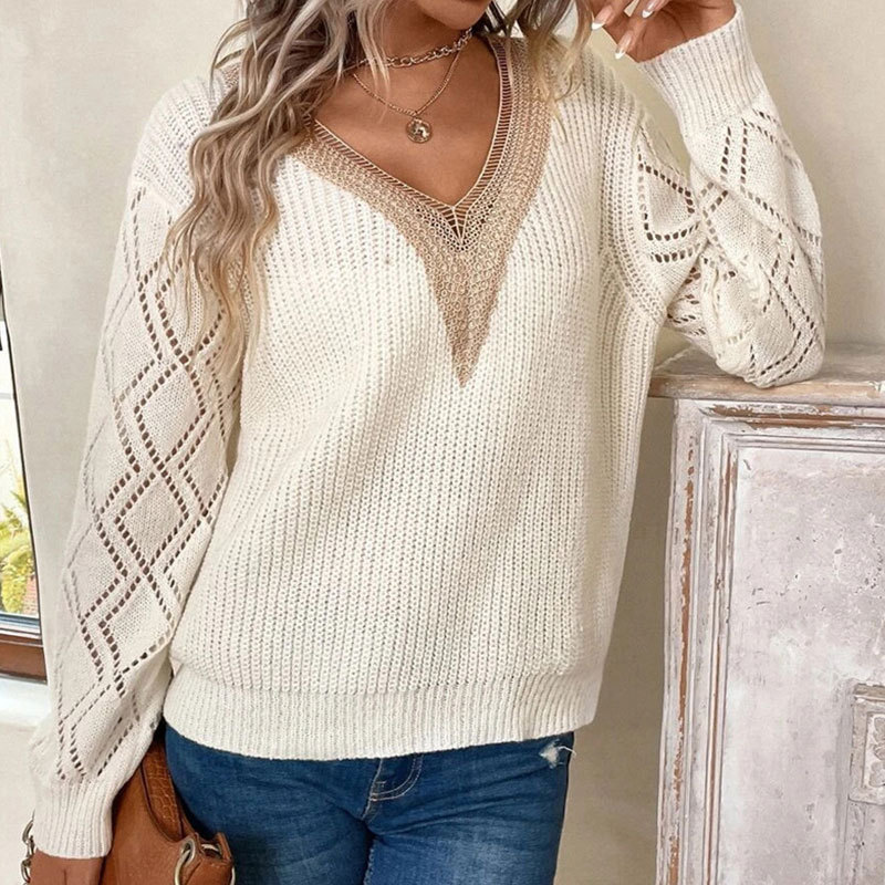 European and American Cross-Border Autumn and Winter New Women's Sweater Amazon Casual Loose Lace V-Neck Long-Sleeved Pullover Knitwear