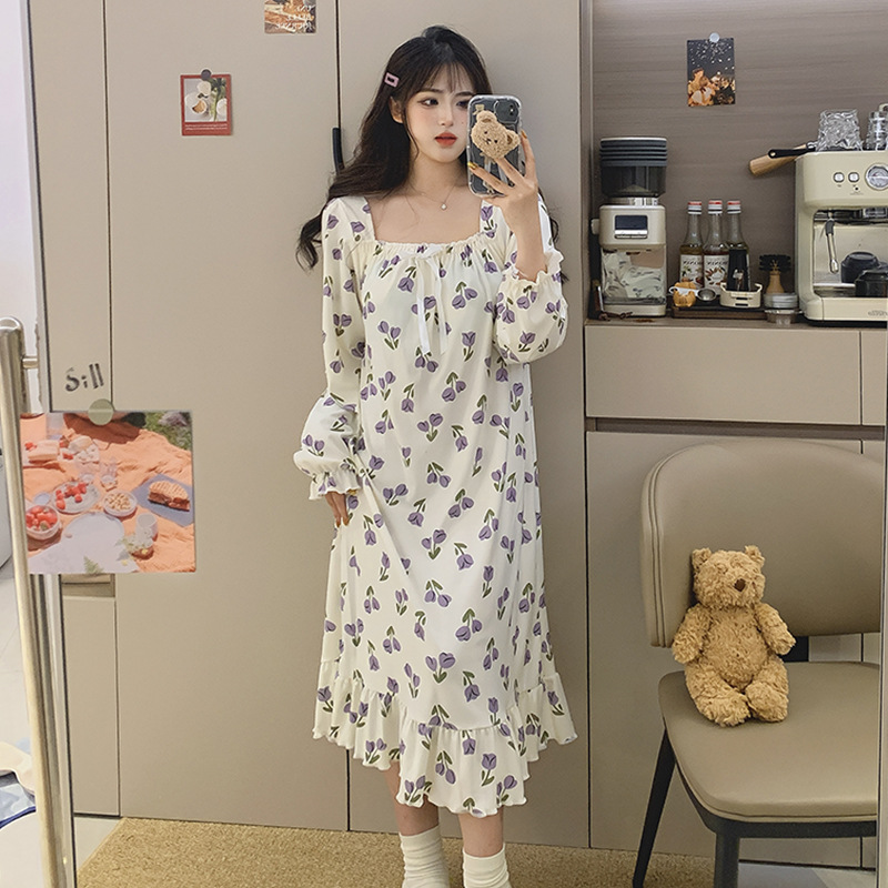 2025 primavera y otoño pijama con cojín de pecho desmontable pijama de mangas largas de lana fresca ropa de hogar larga de niñas estudiantes