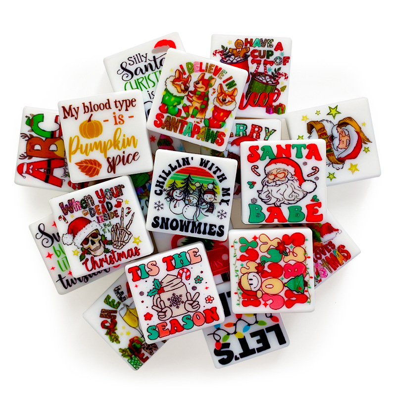 Cross-border best-selling new square printed silicone beads cartoon colorful bead string pen keychain accessories