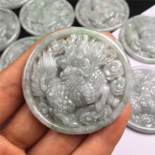 缅甸翡翠A货豆青种玉石麒麟牌手镯心料工艺雕刻挂件吊坠珠宝批发