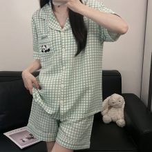 云朵棉睡衣女夏季新款韩版格子短袖短裤可爱卡通家居服套装可外穿