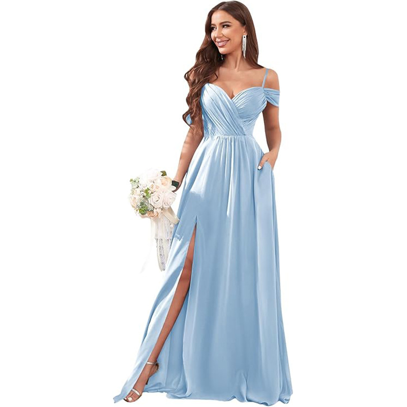 Vestido de noche de un solo hombro sexy europeo y americano, vestido de falda larga de cola de pez de encaje, dama de honor de gasa a nivel de diosa, caída delgada