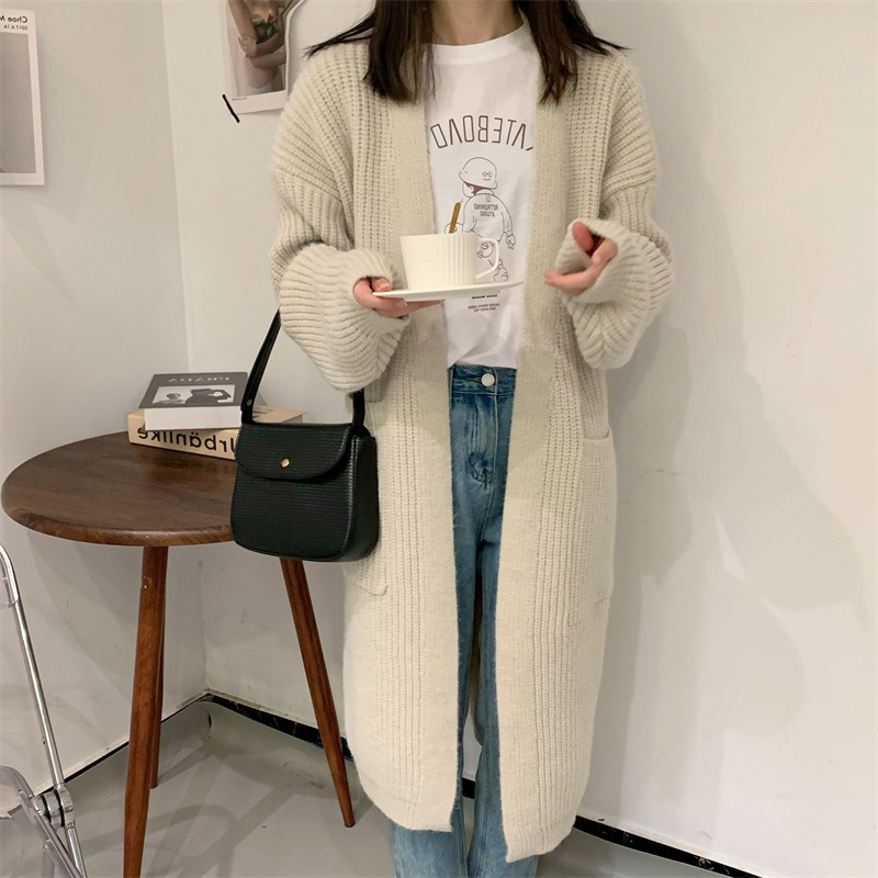 Thick knitted cardigan Women's Mid-length Korean style new thick wool outer wear lazy style solid color loose sweater coat