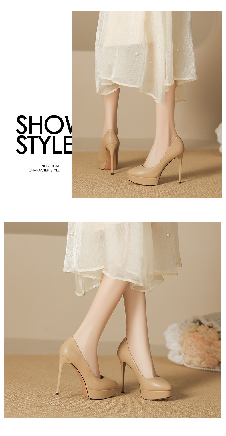 Giày cao gót nữ đế xuồng mũi tròn, gót nhọn 12 cm — Màu nude-12cm chi tiết 5