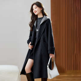 连帽羊毛呢外套女长款2025秋冬季新款时尚气质双面羊毛大衣ZH2642