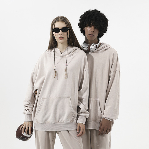 350g 80% cotton distressed oversized hooded sweatshirt with dropped shoulders, retro water-washed ribbed hooded sweatshirt