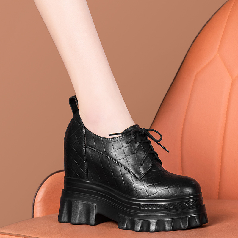 12cm Internal Height-Increasing Lace-Up Leather Shoes with Embossed Top-Layer Cowhide, Thick-Soled Platform Shoes, Size 33, Wedge Super High Heels 12cm Internal Height-Increasing Lace-Up Leather Shoes with Embossed Top-Layer Cowhide, Thick-Soled Platform Shoes, Size 33, Wedge Super High Heels