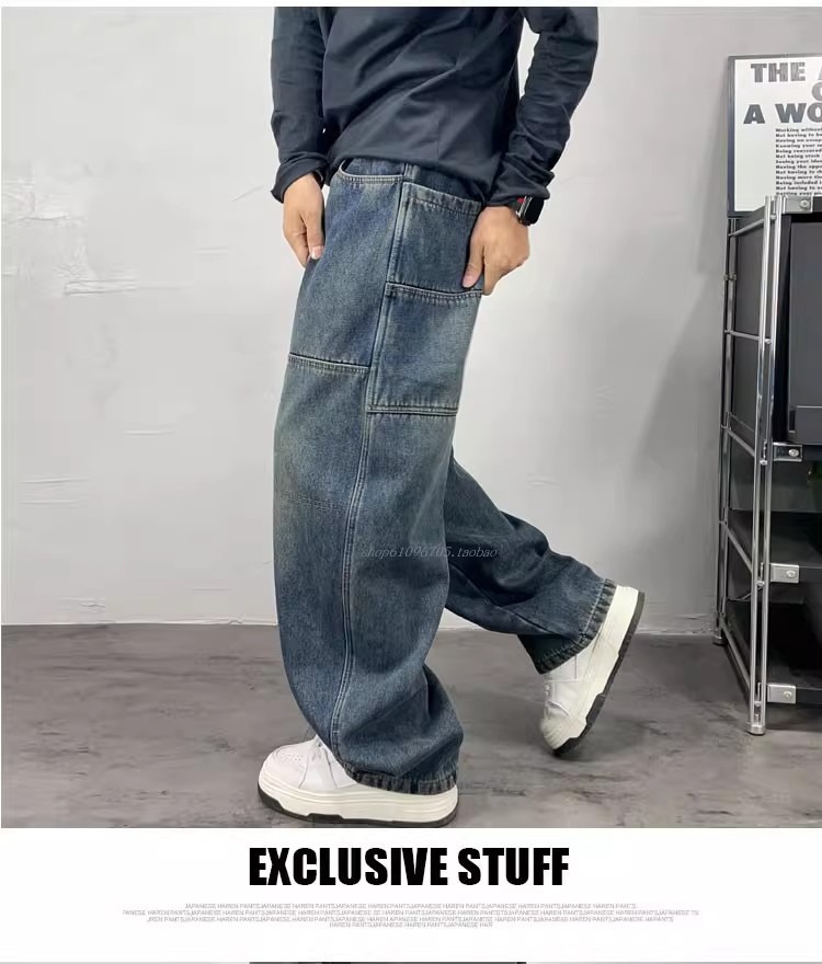 Men's High-Waisted Color-Block Jeans Blue & Black Loose Wide-Leg Straight Pants Hip Hop Style European American Trendy Brand_mkmklike.com