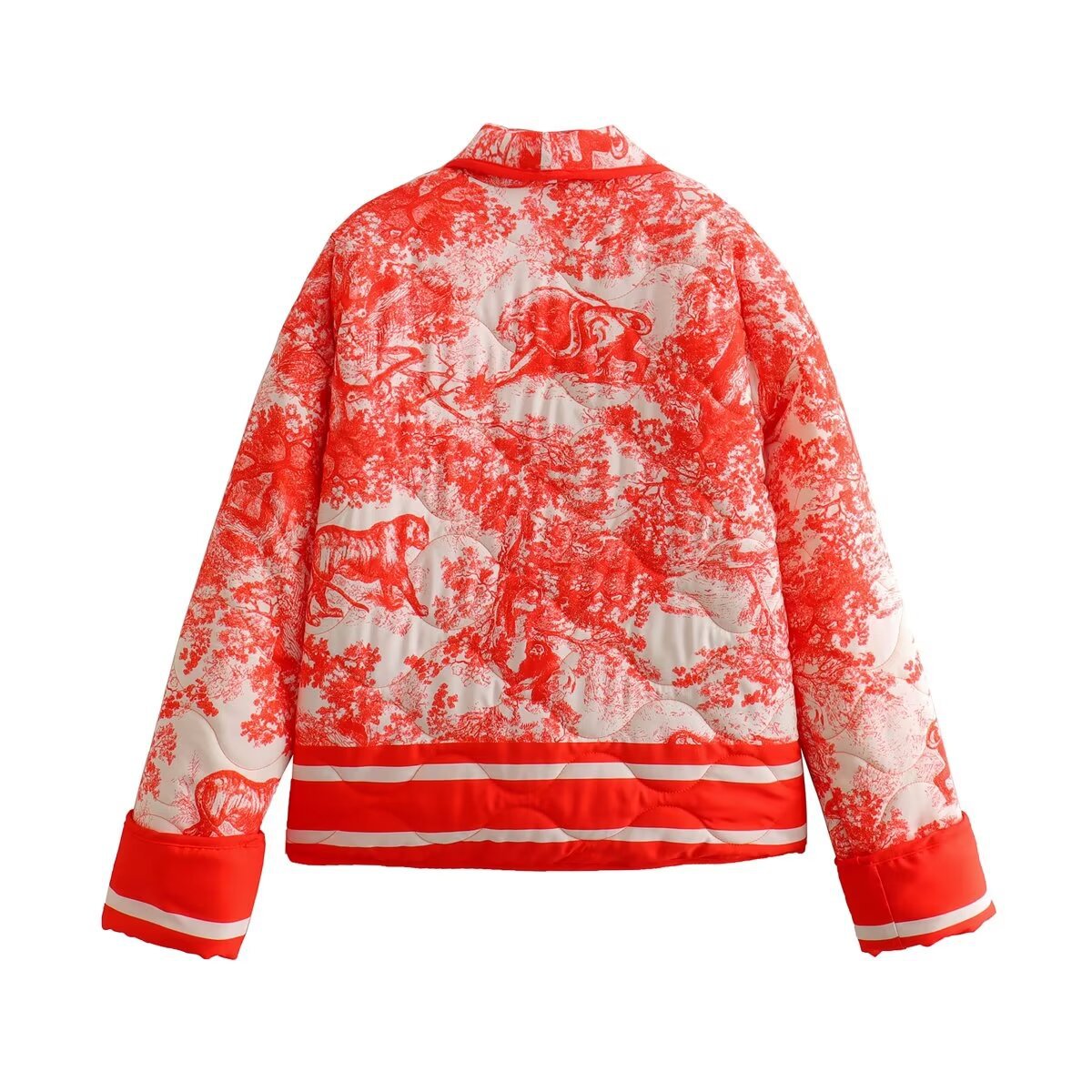 Neue Damenbekleidungskollektion Herbst 2023: Dreifarbige, gestreifte, dekorativ bedruckte, gesteppte, warme Baumwolljacke_voghion.com