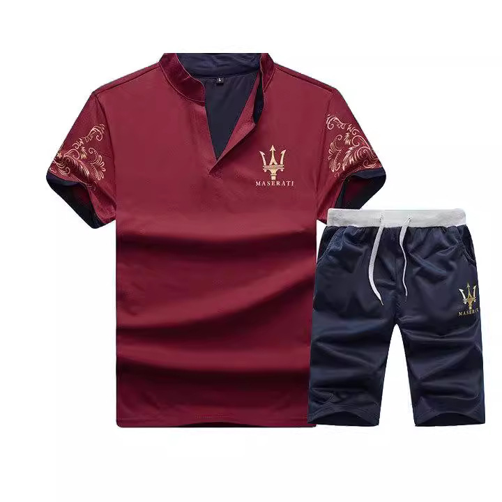 남성 여름 캐주얼 슈트, 스탠드 칼라 반팔 티셔츠 투피스 세트, 스포츠, 해외 패션, 가볍고 얇은 V넥 남성 반바지 세트
